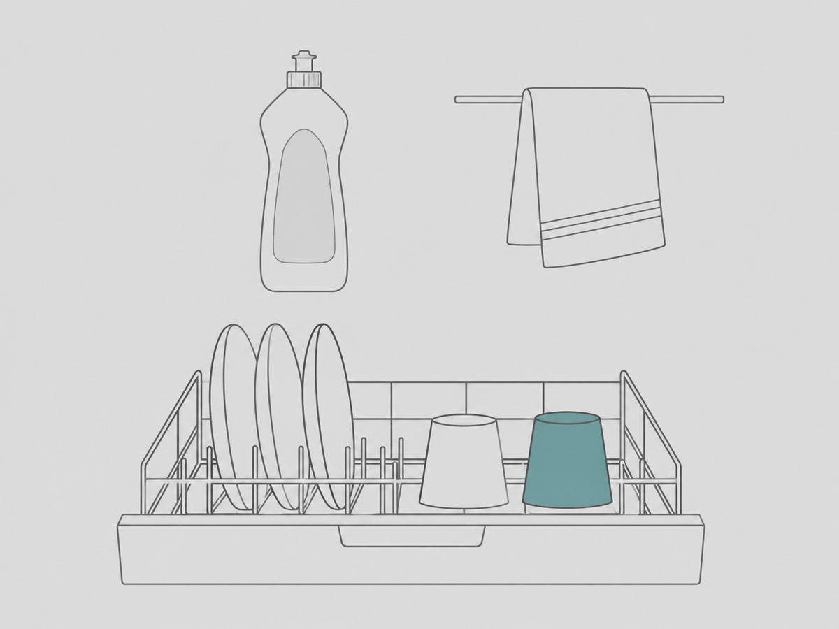 食器洗い機に食器を入れているところを、線画で描いたイラスト。