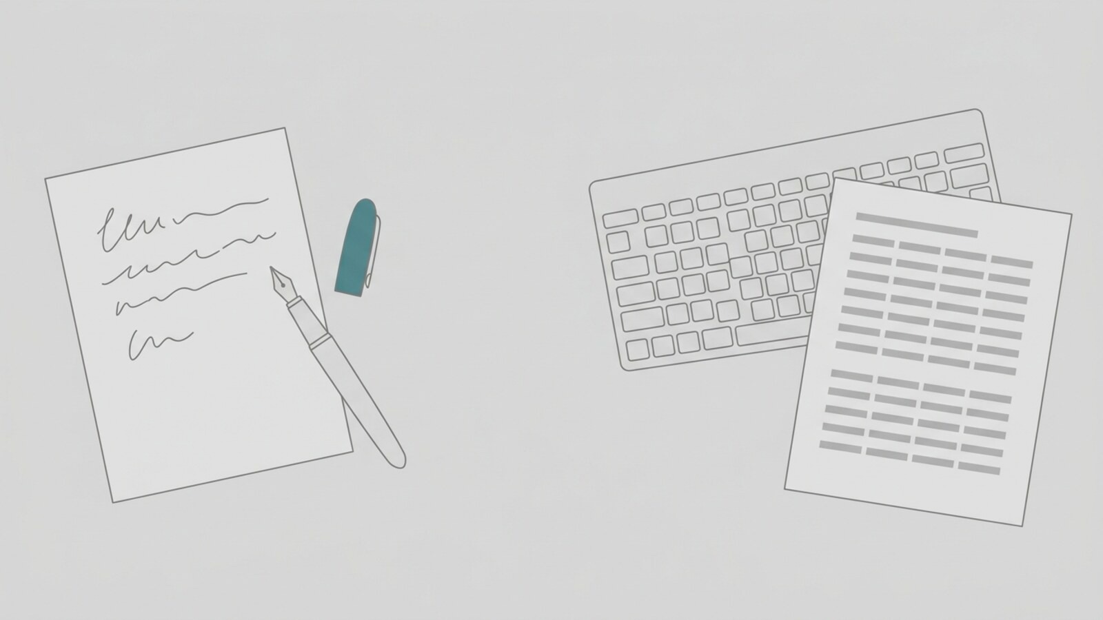 左に、手書きの線が数行入った紙と万年筆。右に、キーボードと、印字した行が並ぶ紙