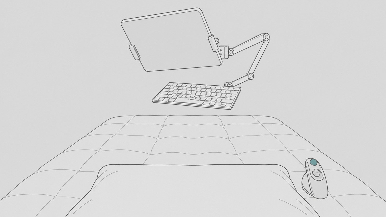 平らにしたベッドの枕元から見た図。枕の上にアームでタブレットが下向きに傾けて吊られ、その下に別の細いアームで薄いキーボードが浮いている。マットレスの上、枕の横に小さなトラックボールが立っている